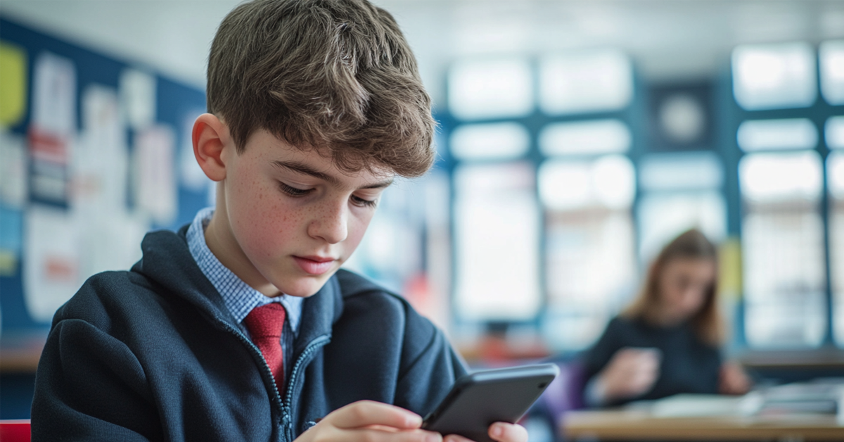 Child using a smartphone in a classroom