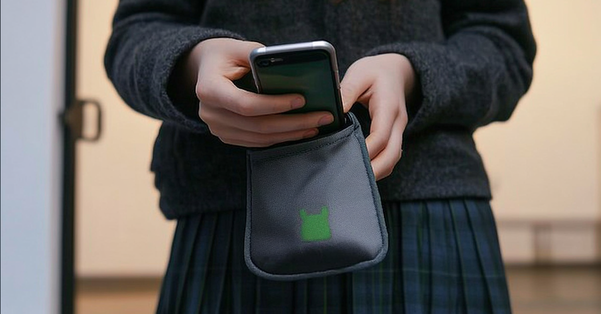 Phone being placed into phone pouch